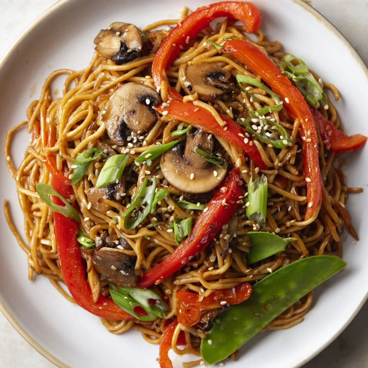 Close-up of Garlic Mushroom Chow Mein stir-fried with julienned carrots, bell peppers, and snap peas in a fragrant garlic sesame oil sauce