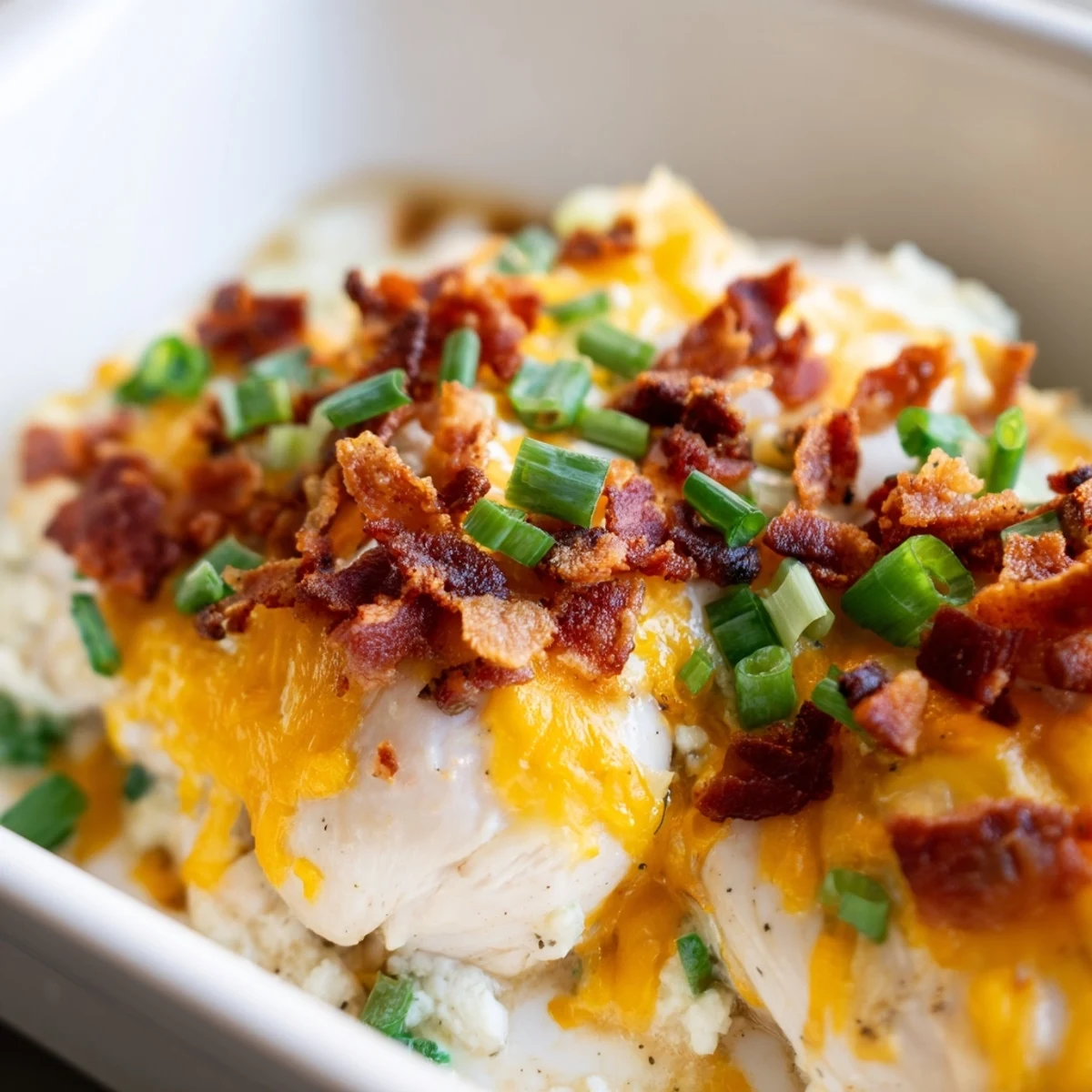 Creamy crack chicken baked with melted cheddar, crispy bacon, and ranch seasoning topping