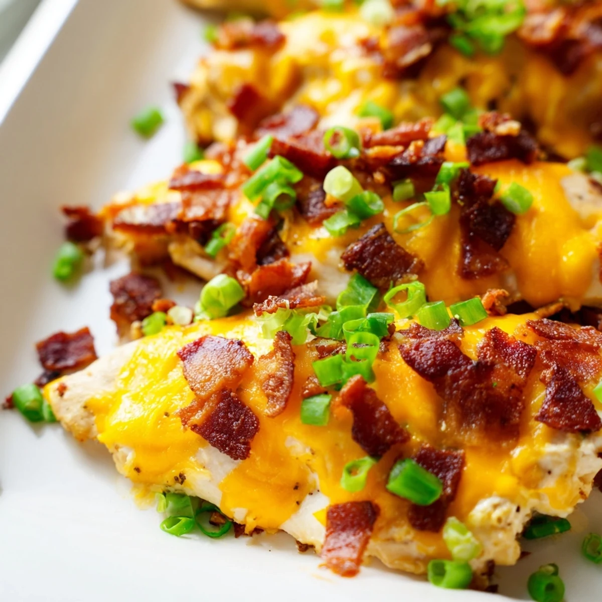 Baked crack chicken breast topped with bubbly cheese, bacon bits, and fresh green onions