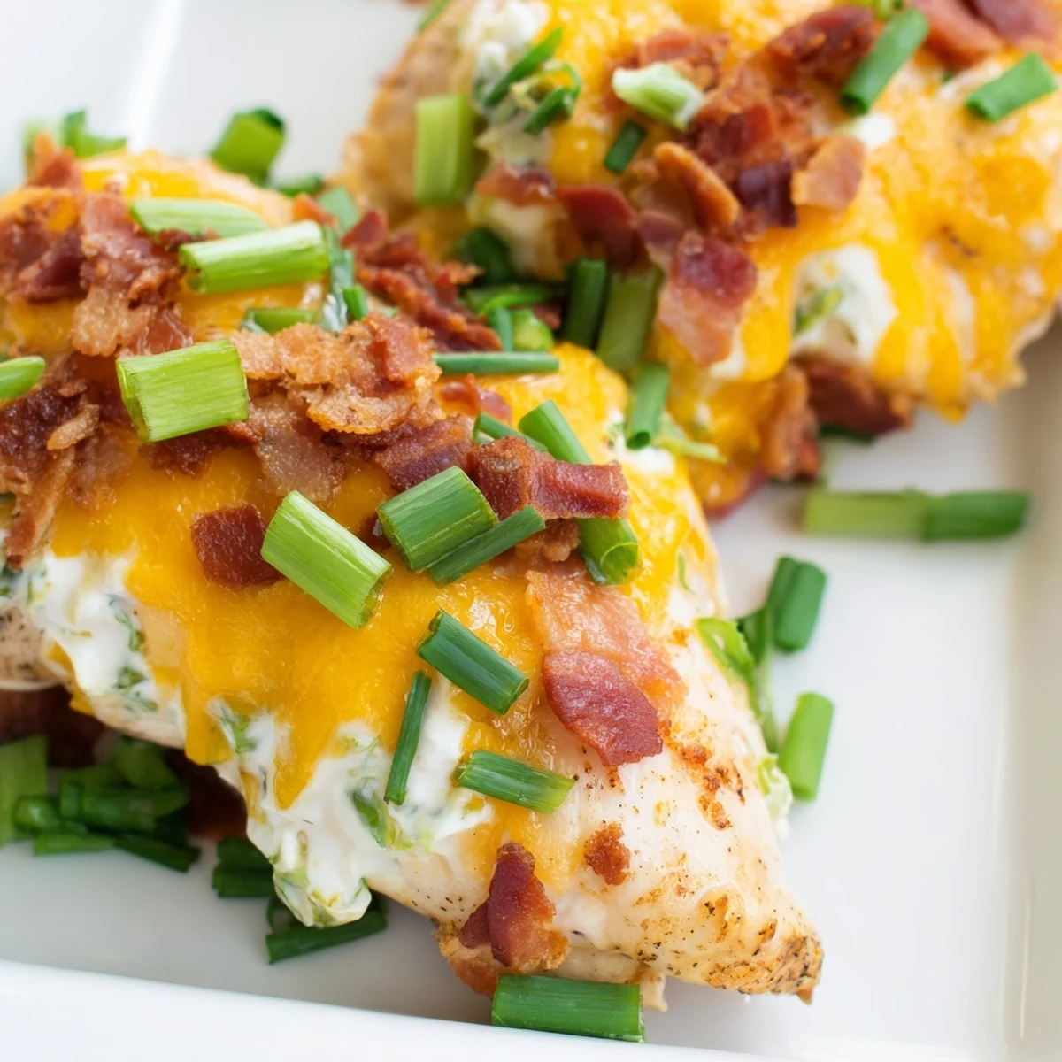 Golden cheesy crack chicken with bacon crumbles served over steamed cauliflower rice for dinner