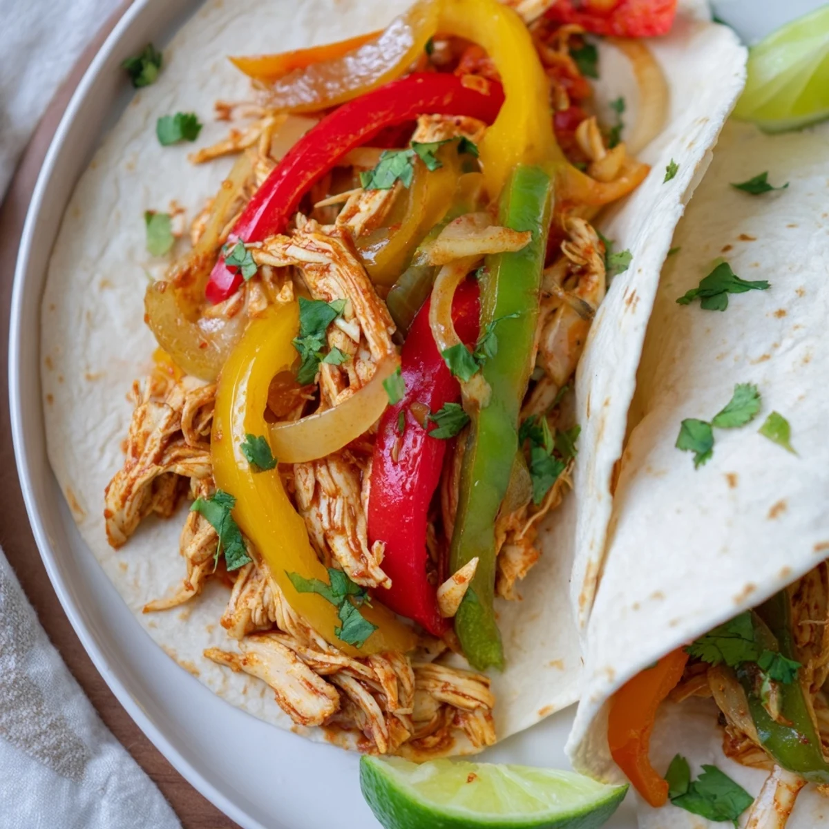 Slow cooker chicken fajitas with colorful bell peppers and onions, served in warm tortillas with fresh cilantro and lime wedges