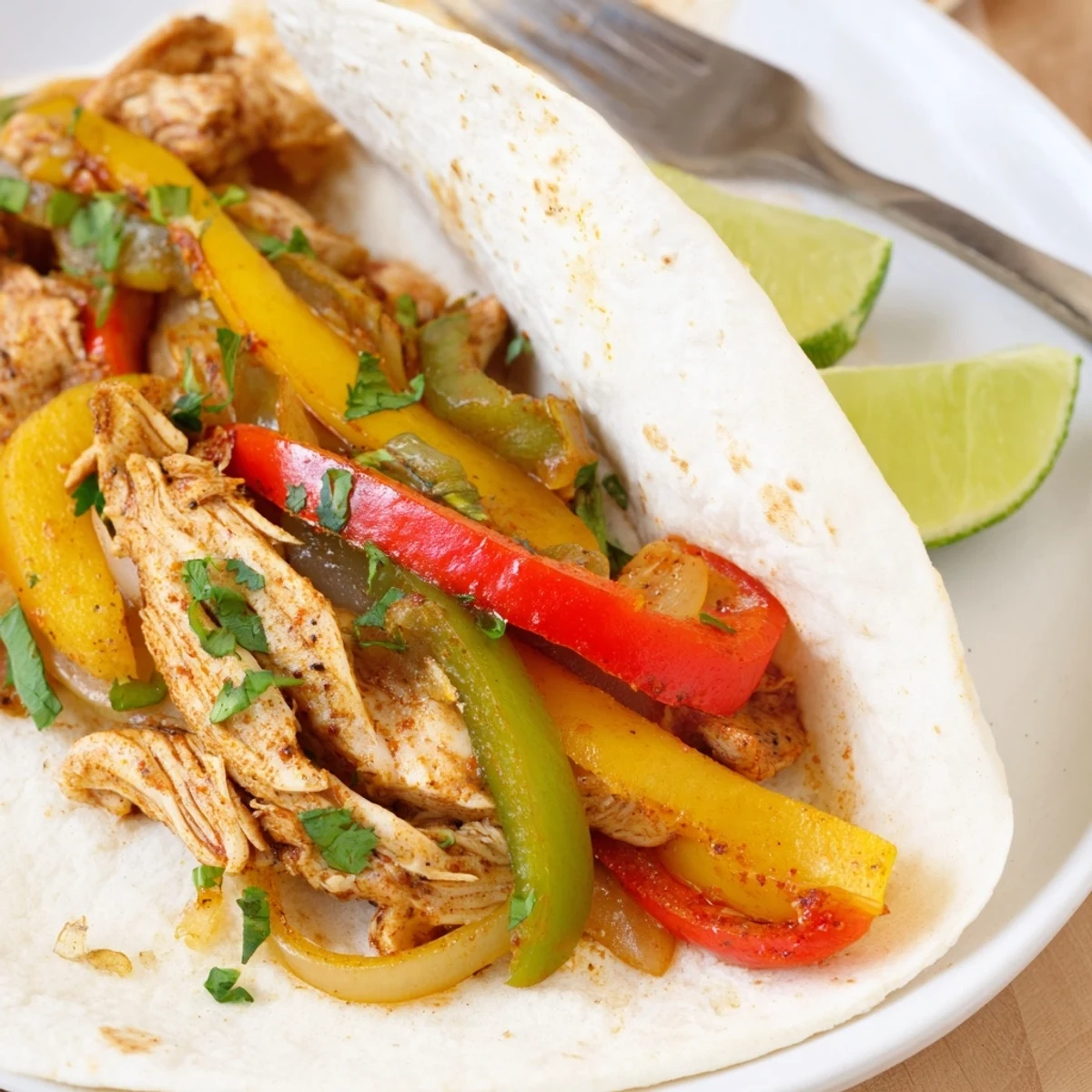 Tender shredded easy crockpot chicken fajitas piled high with vibrant peppers and diced tomatoes ready for wrapping