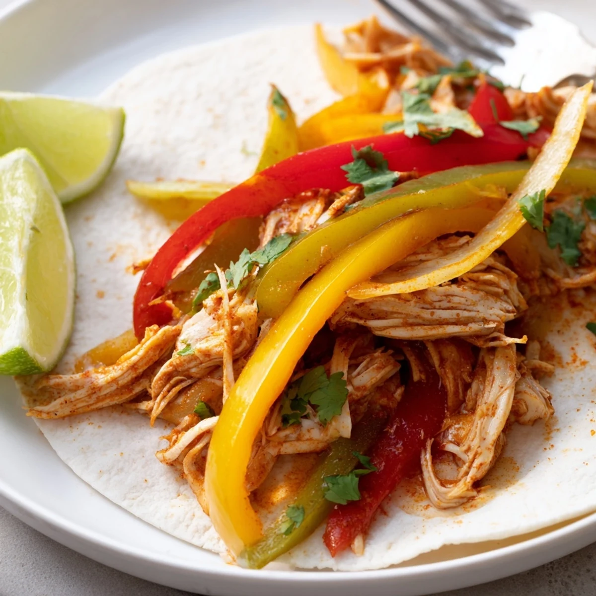 Mexican-style easy crockpot chicken fajitas steaming in a bowl alongside fluffy tortillas and toppings like avocado and sour cream