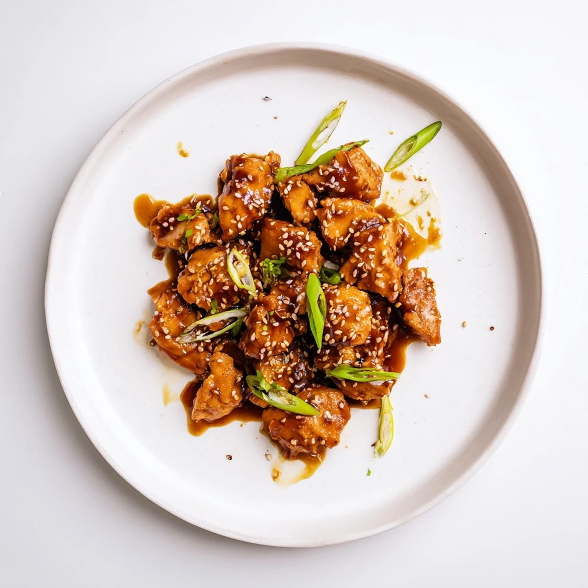 Golden glazed Crockpot Teriyaki Chicken pieces shredded in thick savory sauce and sprinkled with green onions