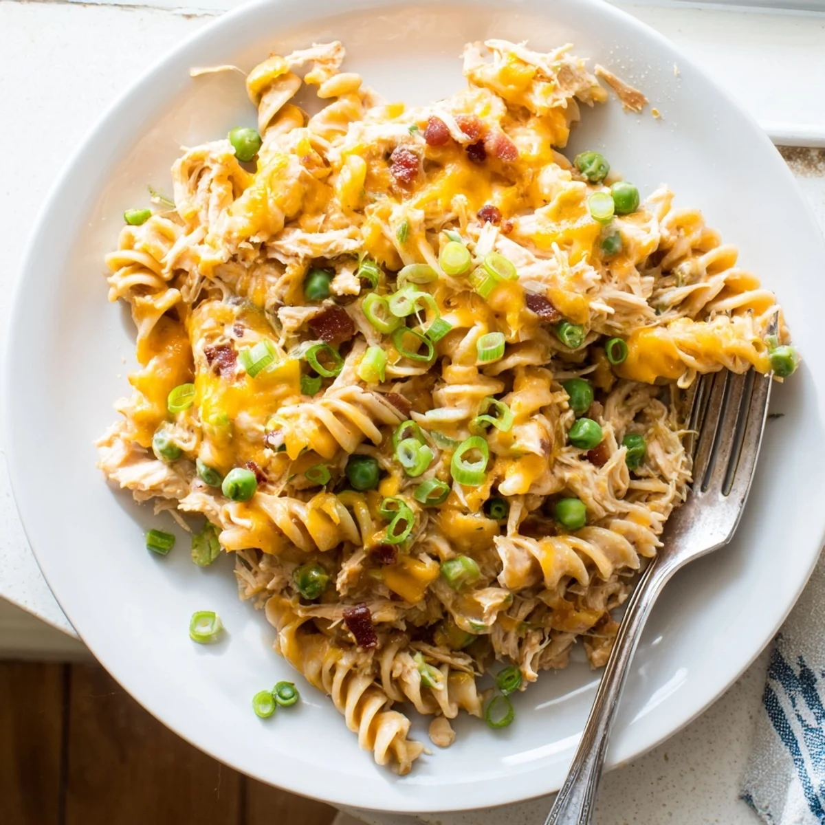 Golden Crock Pot Crack Chicken Casserole topped with melted cheddar and crispy bacon crumbles
