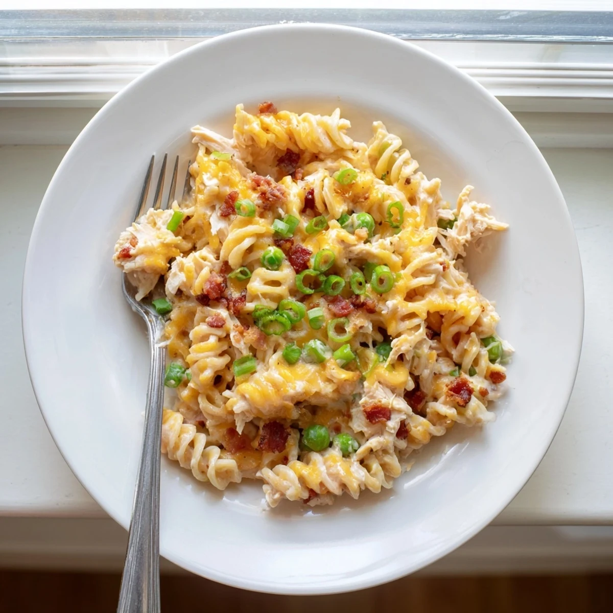 Serving of Crock Pot Crack Chicken Casserole garnished with green onions and savory bacon bits
