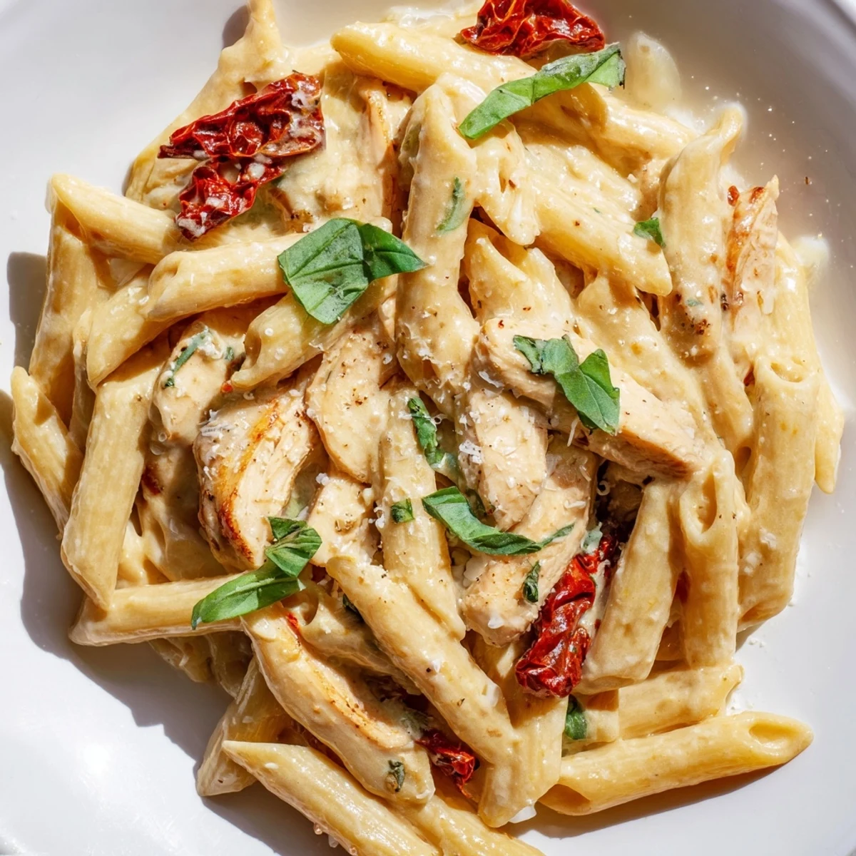 Creamy Marry Me Chicken Pasta with tender sliced chicken and sun-dried tomatoes in rich parmesan sauce