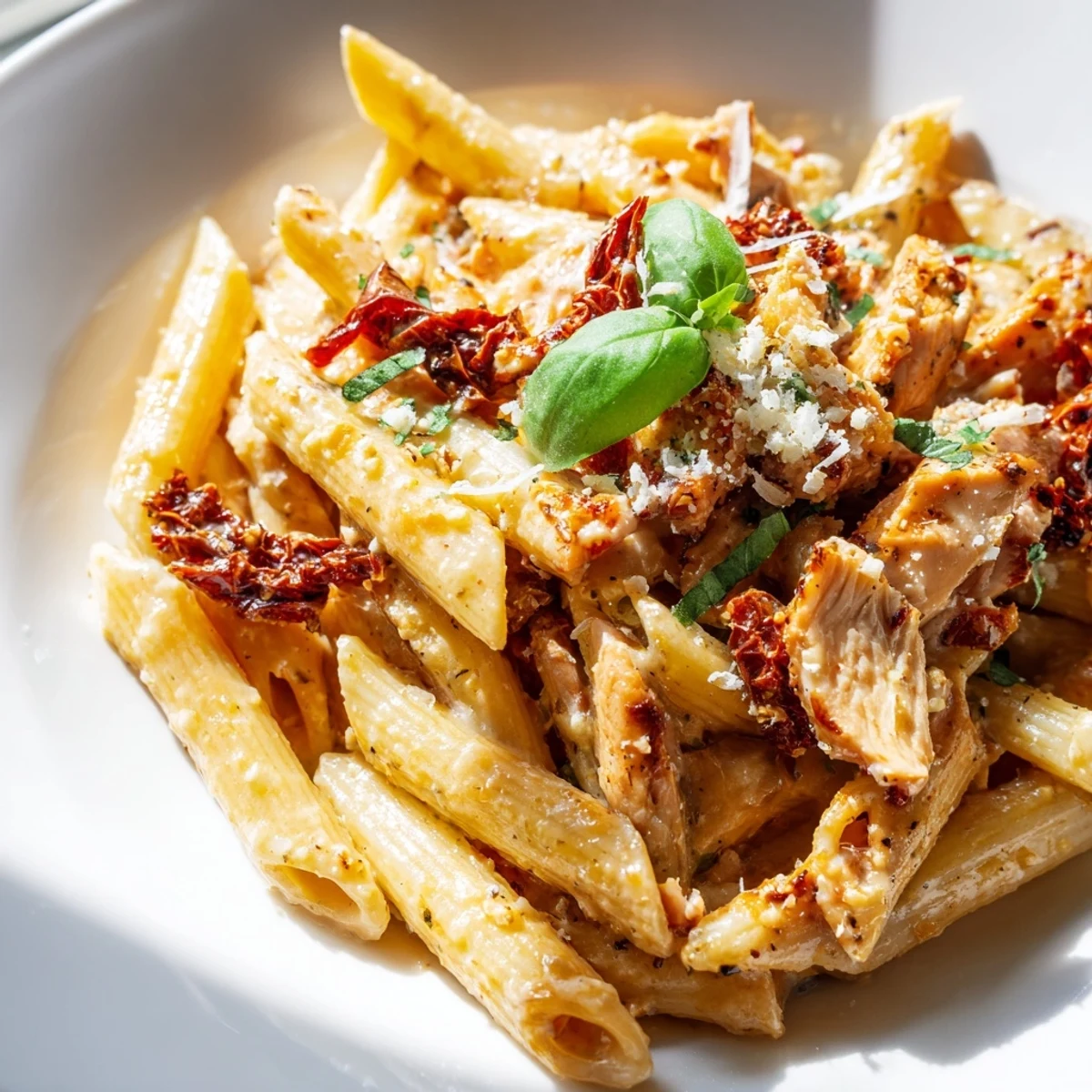 Savory chicken and pasta dish coated in thick white parmesan cream sauce with sun-dried tomato pieces