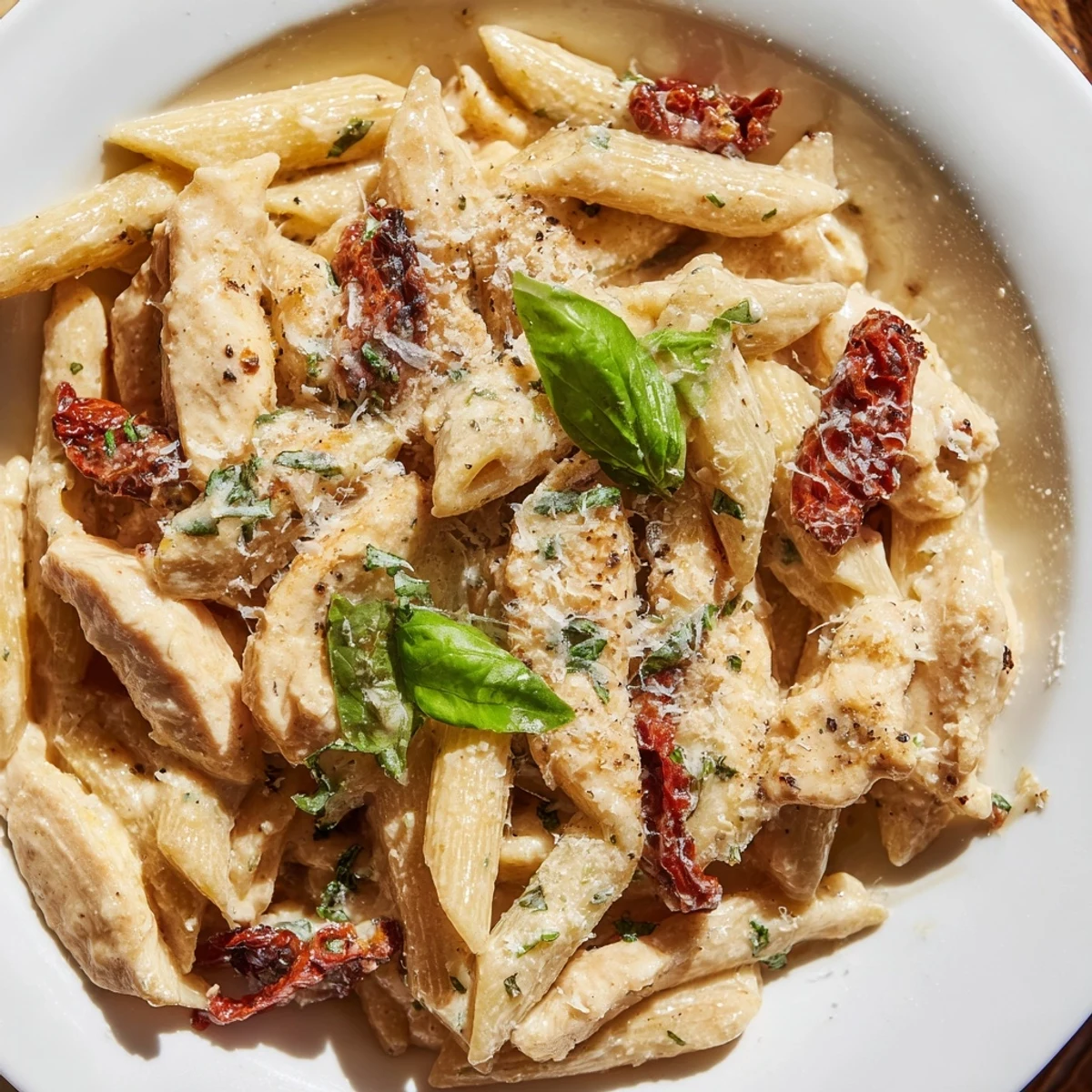 Golden seared chicken strips tossed with penne pasta in luscious garlic cream sauce with basil garnish