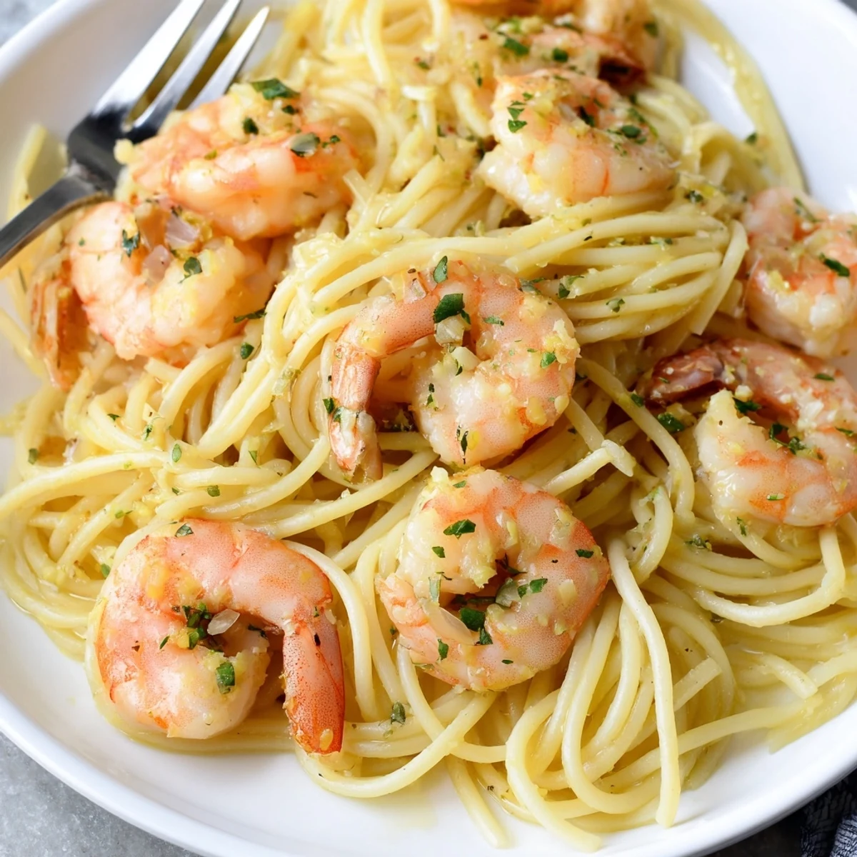 Steaming bowl of shrimp scampi pasta with parmesan cheese and lemon wedge on white plate