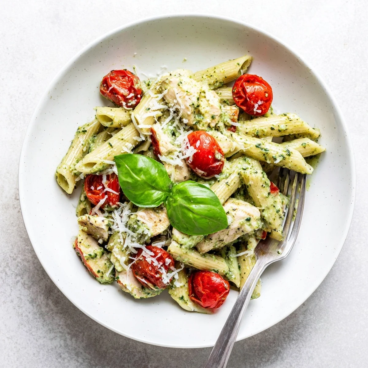 Golden chicken pieces tossed in rich basil pesto sauce over al dente penne pasta