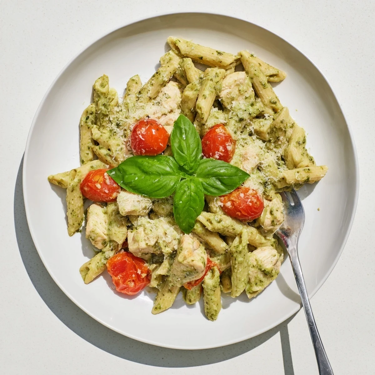 Creamy pesto chicken pasta twirled on a white plate with fresh basil garnish