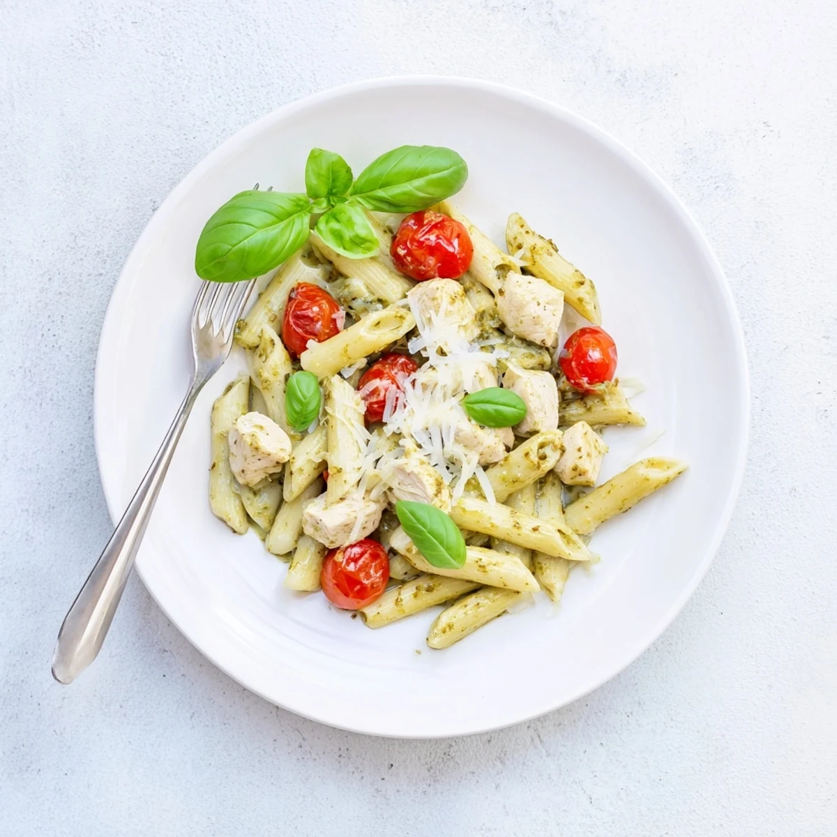 Steaming bowl of creamy pesto chicken pasta topped with grated Parmesan and cherry tomatoes