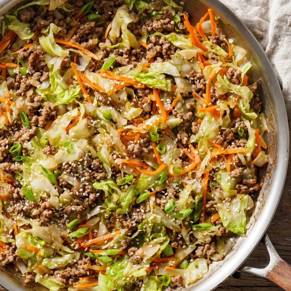 Crispy cabbage and seasoned ground pork sizzle in a skillet for this easy egg roll in a bowl keto dinner