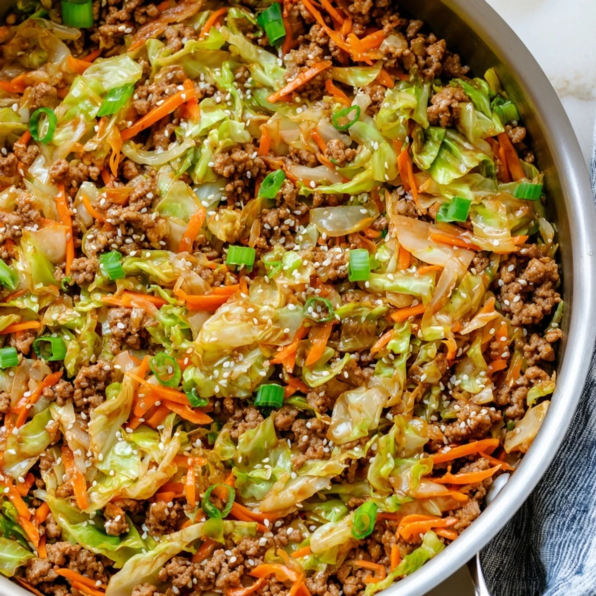Savory low-carb egg roll in a bowl with shredded vegetables and sesame seed garnish served piping hot