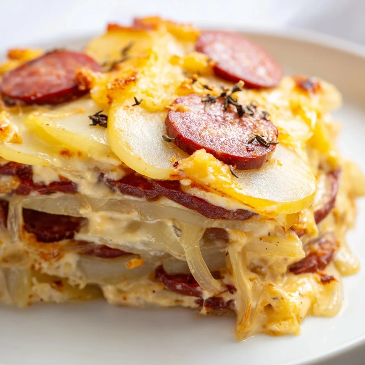 Golden layers of tender slow cooker scalloped potatoes with smoky kielbasa and melted cheddar cheese bubbling on top