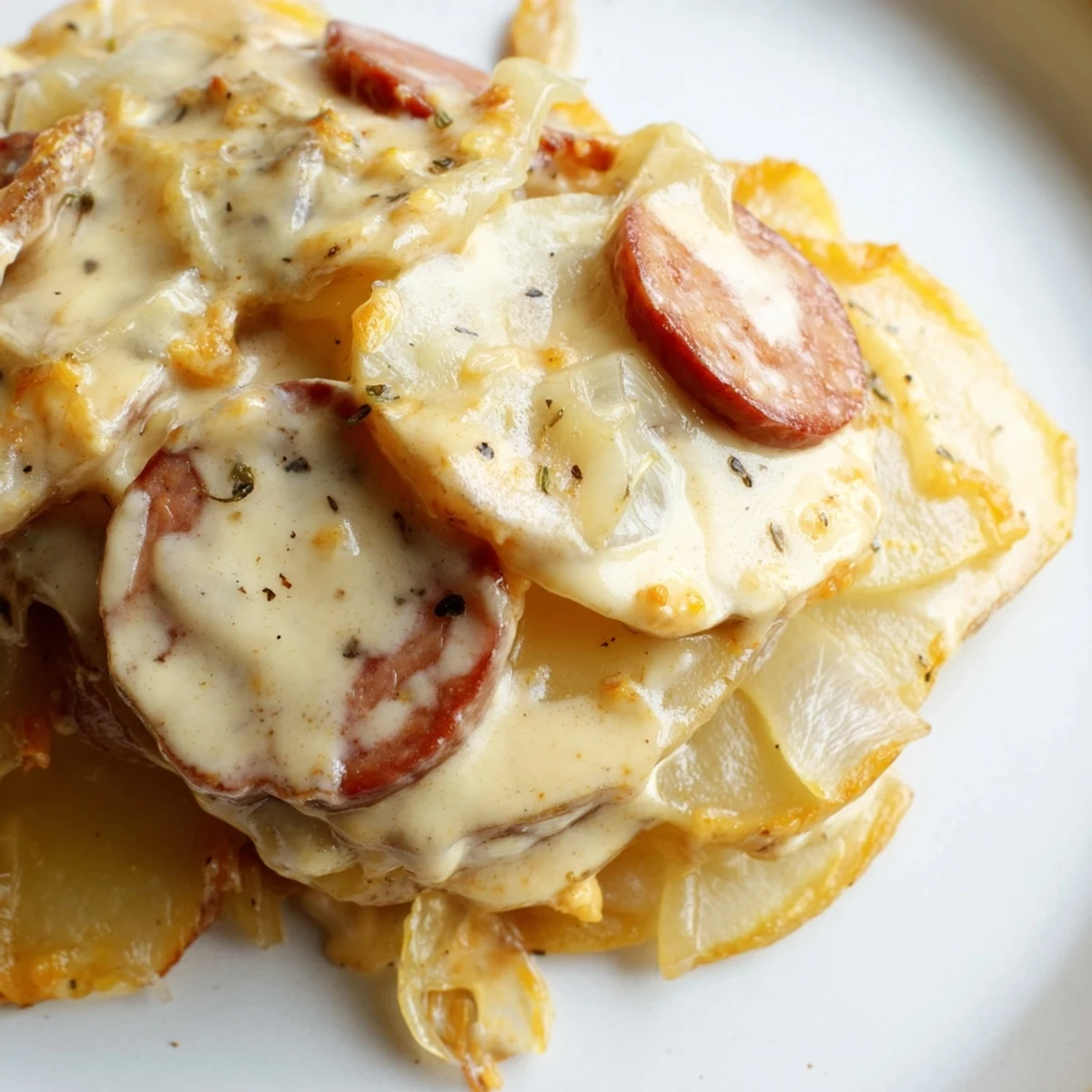 Creamy slow cooker scalloped potatoes kielbasa casserole featuring sliced russet potatoes in a rich cheese sauce with sausage