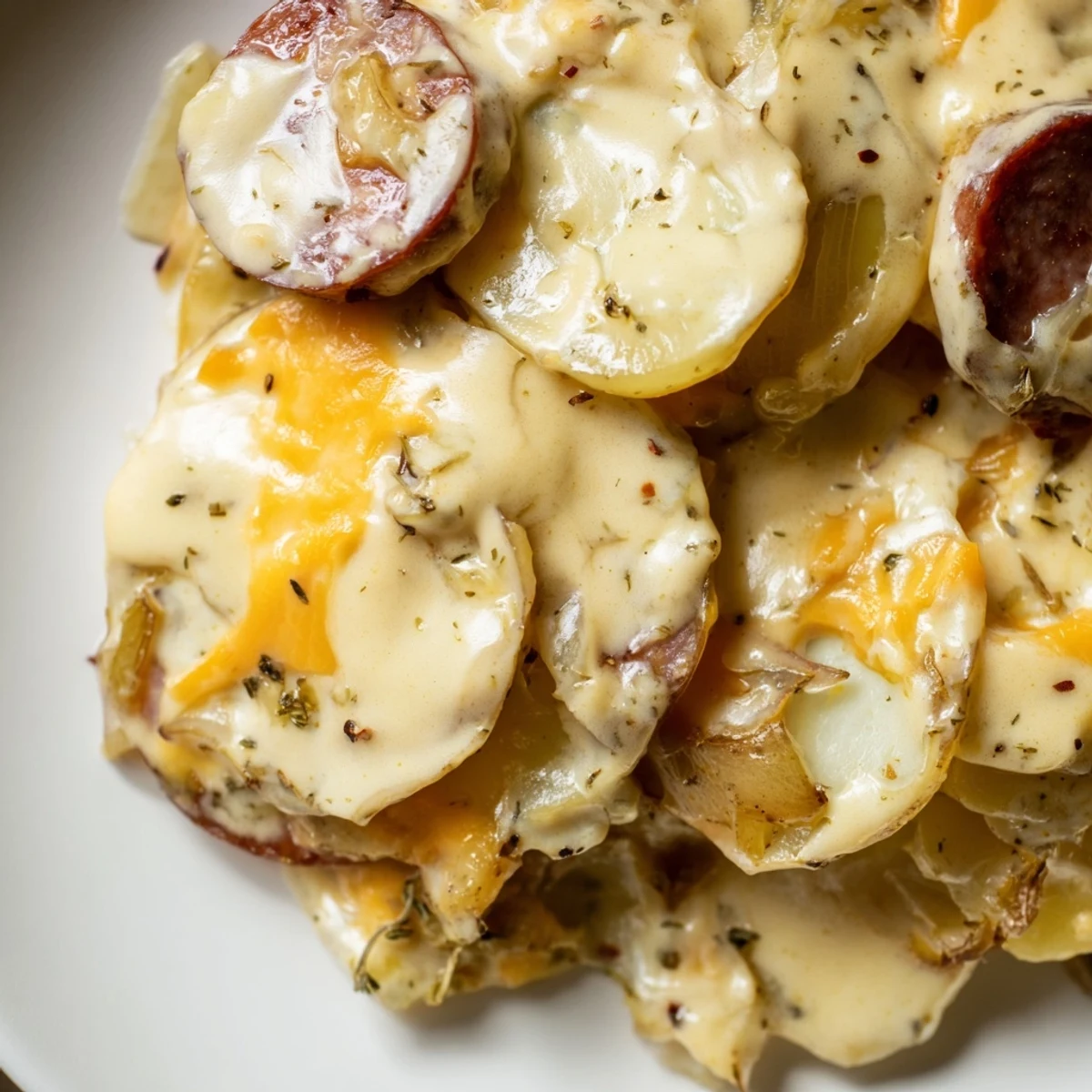 Hearty bowl of slow cooker scalloped potatoes kielbasa served steaming hot with shredded cheese and paprika garnish