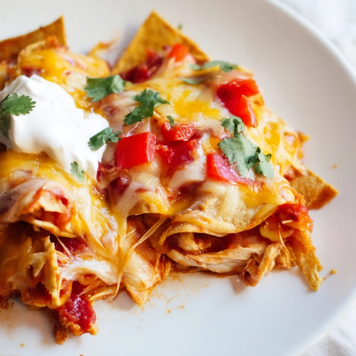 Hearty layered Tex-Mex casserole bubbling with shredded chicken, black beans, and corn tortillas in a crockpot