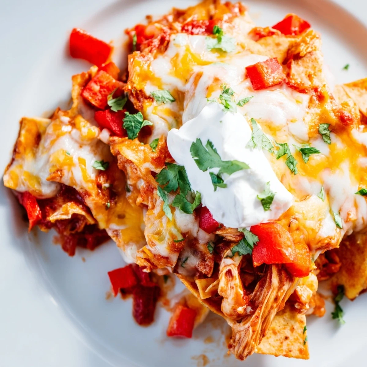 Golden slow cooker Crockpot chicken enchilada casserole topped with melted Mexican cheese and fresh cilantro garnish