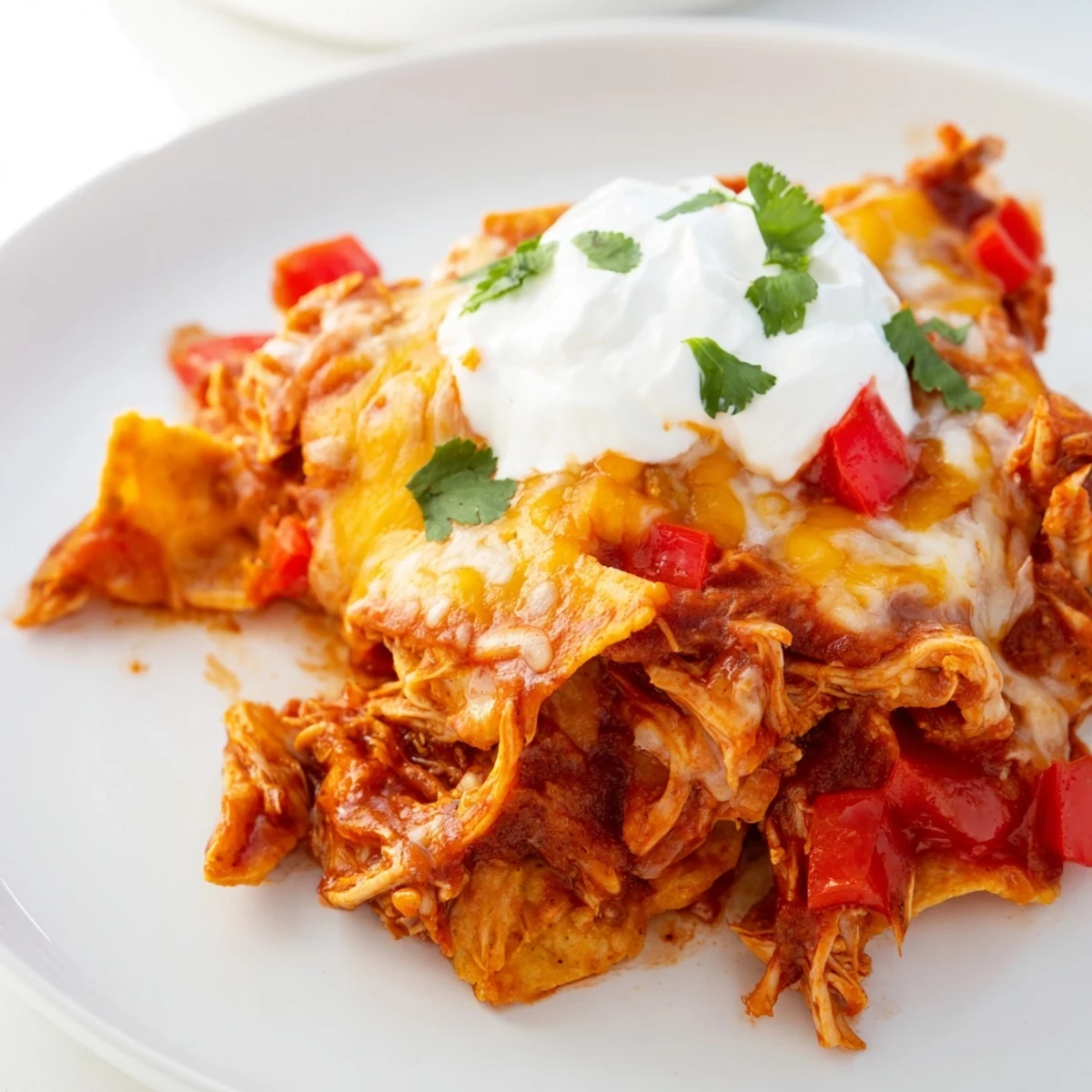 Scoop of cheesy Crockpot chicken enchilada casserole served with sour cream and sliced green onions