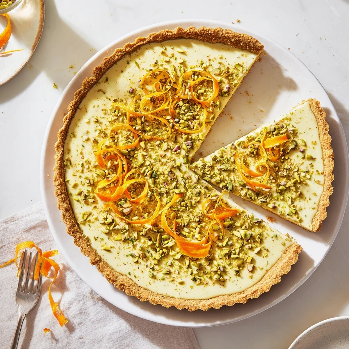 Golden orange cardamom tart slices on a white plate, garnished with chopped pistachios and fresh orange zest
