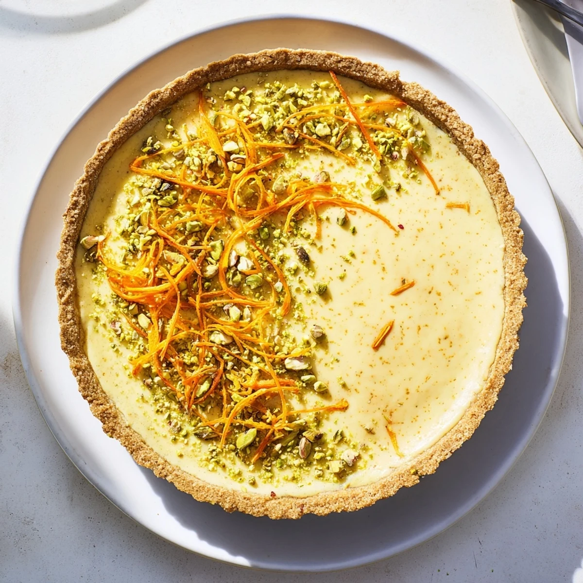 Elegant dessert photograph showing a vibrant orange cardamom tart with nutty crust, sprinkled with crushed pistachios