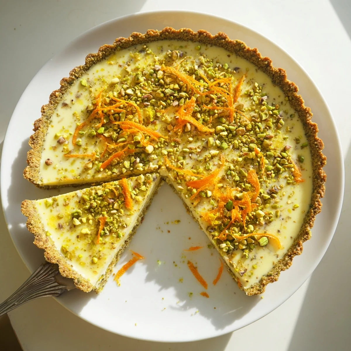 Creamy orange cardamom tart in a green pistachio crust, served on a rustic wooden board with candied orange