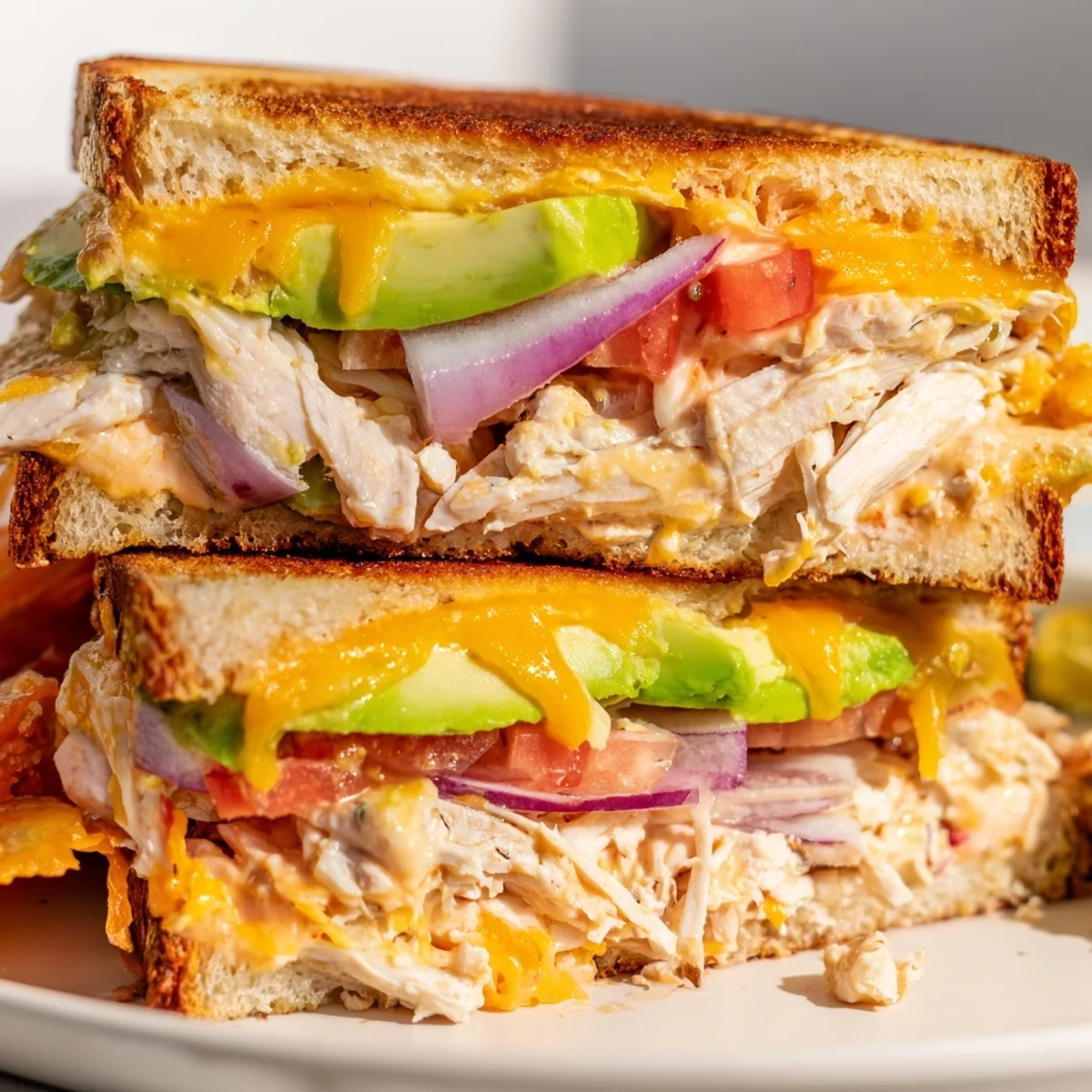 Golden brown chicken avocado melt sandwich with melted cheese and fresh sliced vegetables