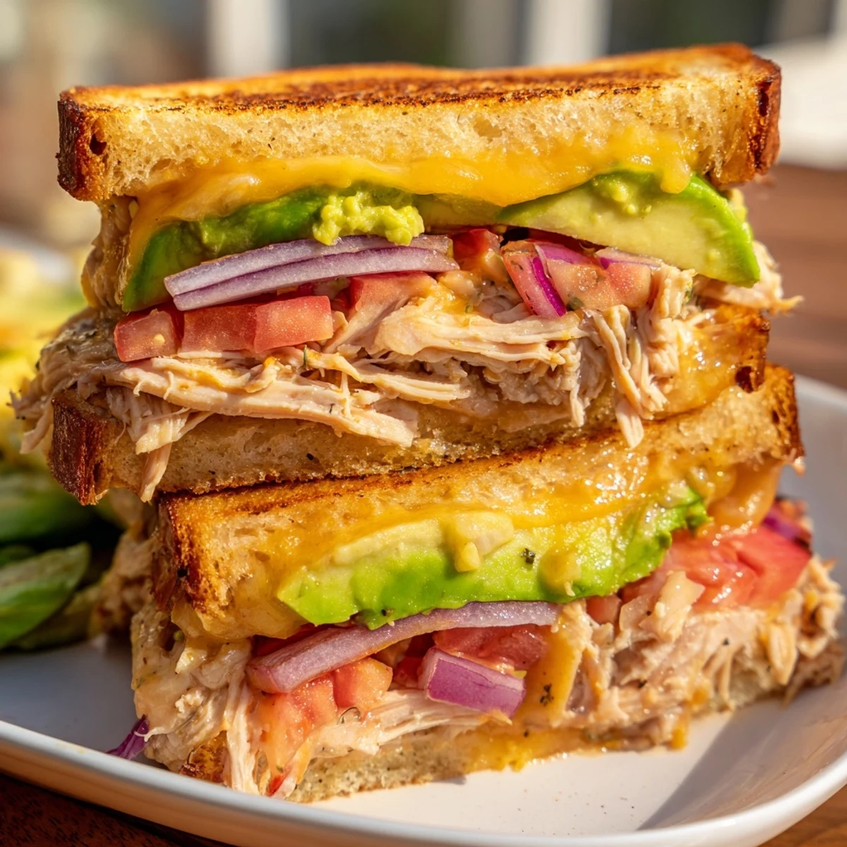 Warm grilled chicken avocado melt sandwich featuring tender chicken and gooey melted cheese