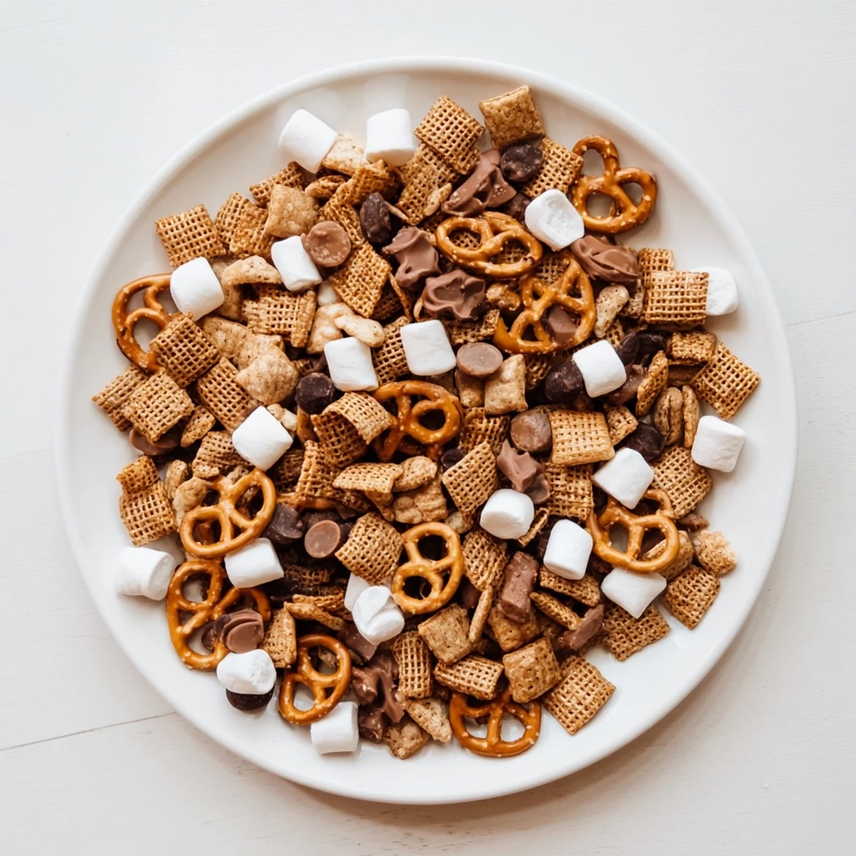 Golden bowl piled high with S'mores Snack Mix showing chocolate chips, mini marshmallows, and crunchy pretzels