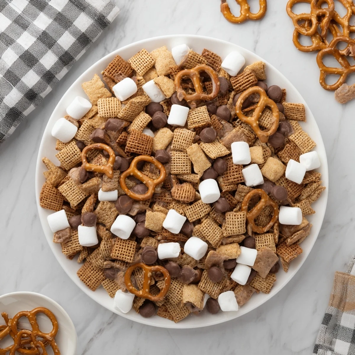 Party-ready S'mores Snack Mix displayed in rustic wooden bowl with pretzels, chocolate chunks, and mini marshmallows
