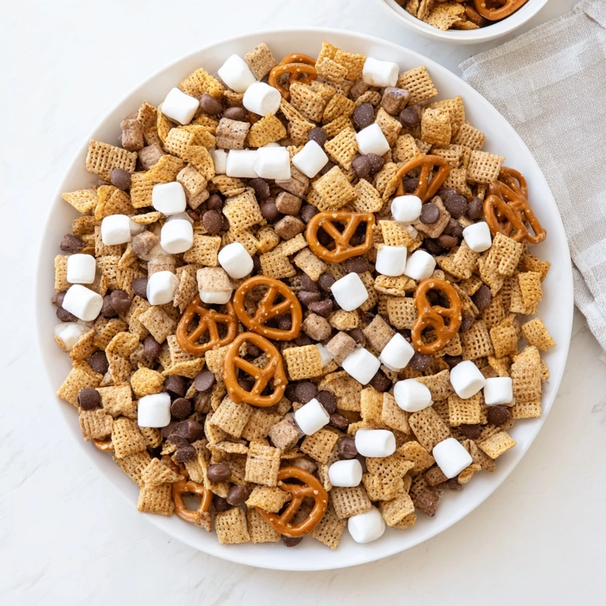 Aromatic S'mores Snack Mix recipe featuring graham cereal scattered with milk chocolate pieces and fluffy white marshmallows