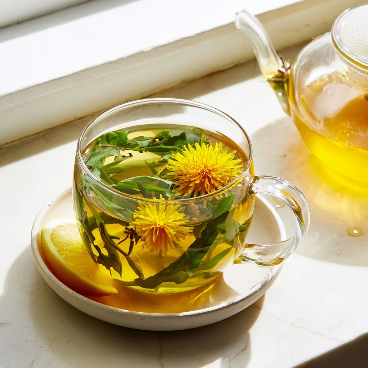 Golden dandelion tea steaming in a white ceramic mug with fresh petals visible