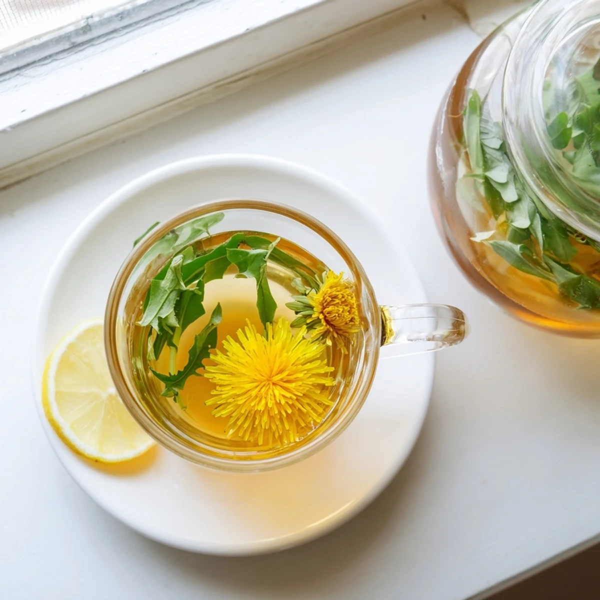Warm amber dandelion tea poured from glass teapot with lemon slice on rim