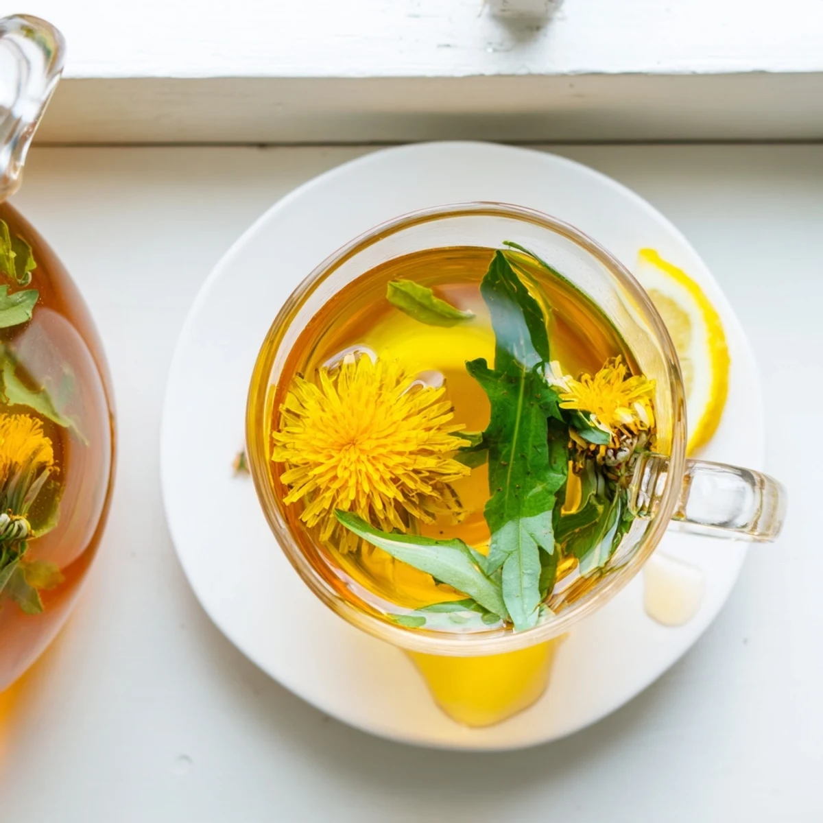 Herbal dandelion tea infusion in rustic cup showcasing bright yellow floating petals