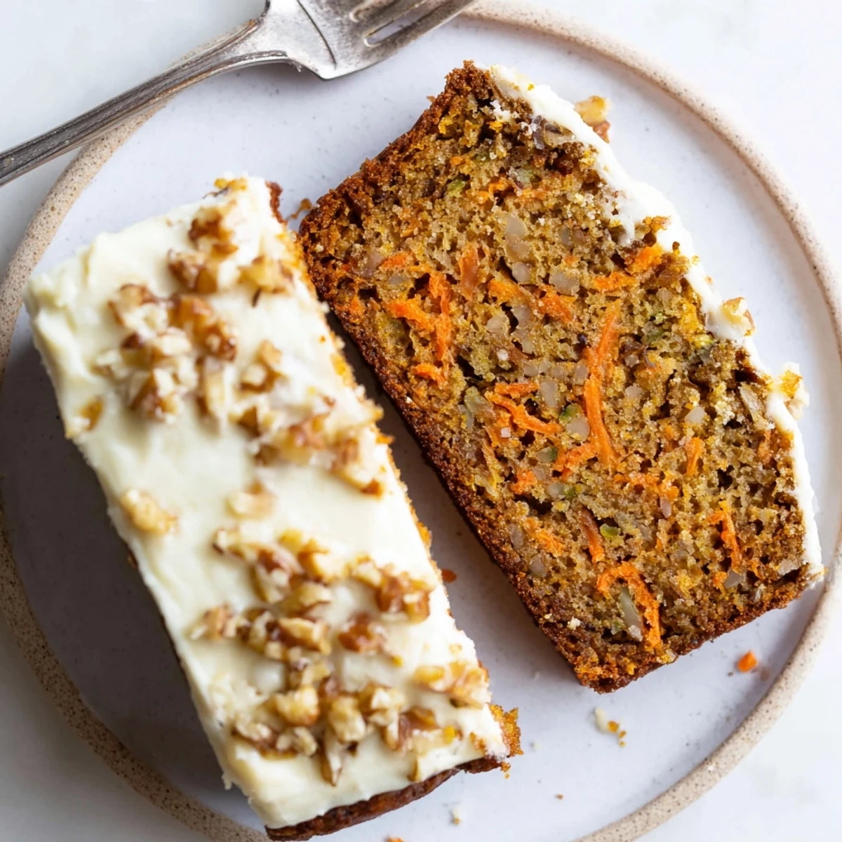 Moist slice of spiced carrot cake banana bread topped with cream cheese frosting and walnuts