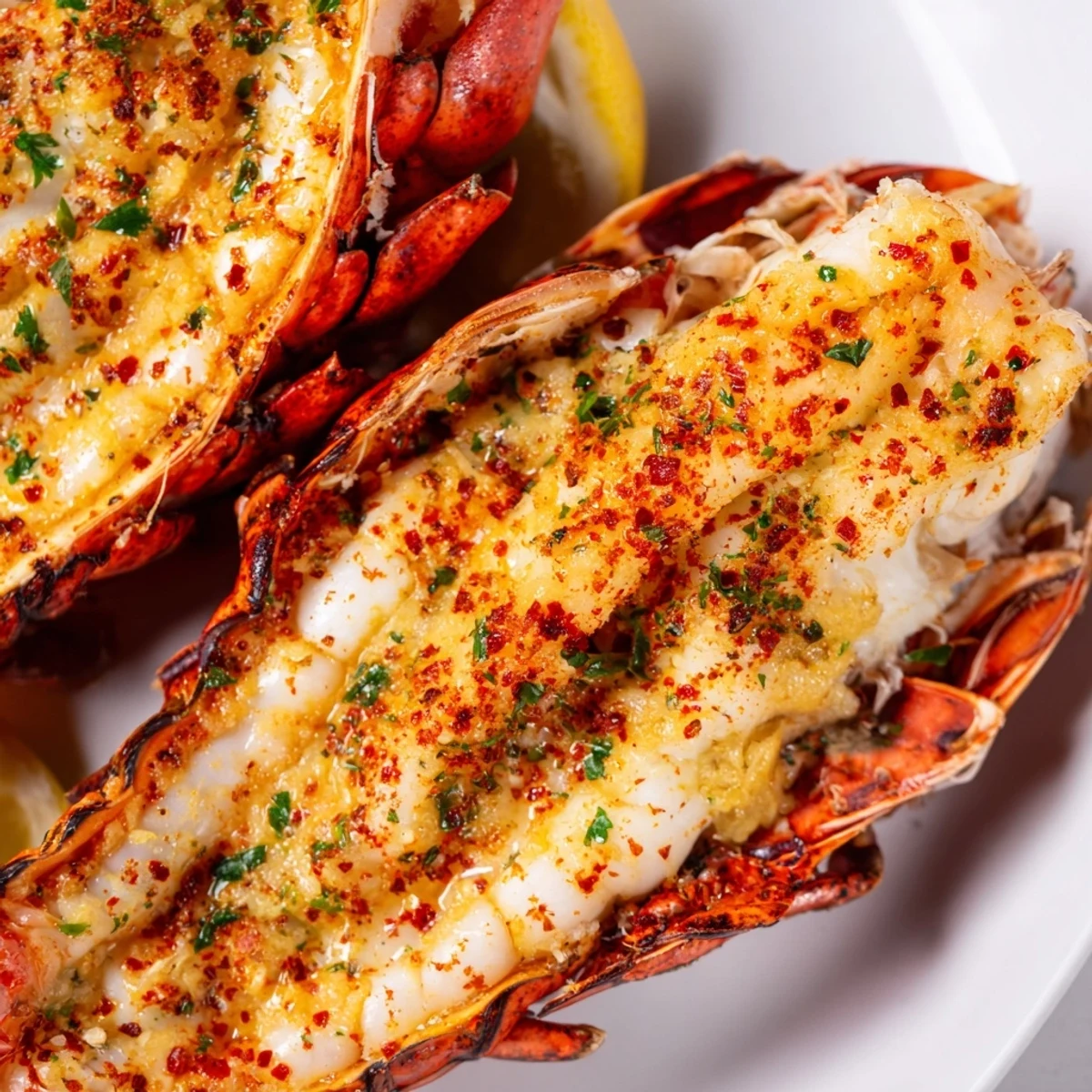 Golden roasted garlic butter lobster tails brushed with melted herb butter and fresh parsley