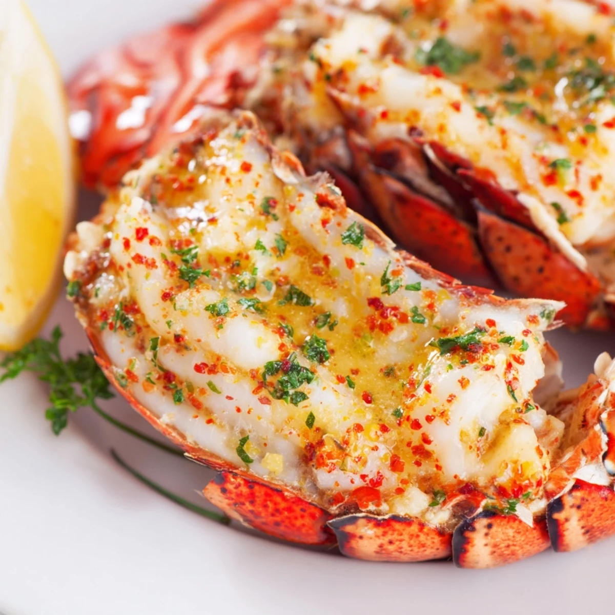 Plump juicy lobster meat drizzled with savory garlic butter and paprika garnish on baking sheet