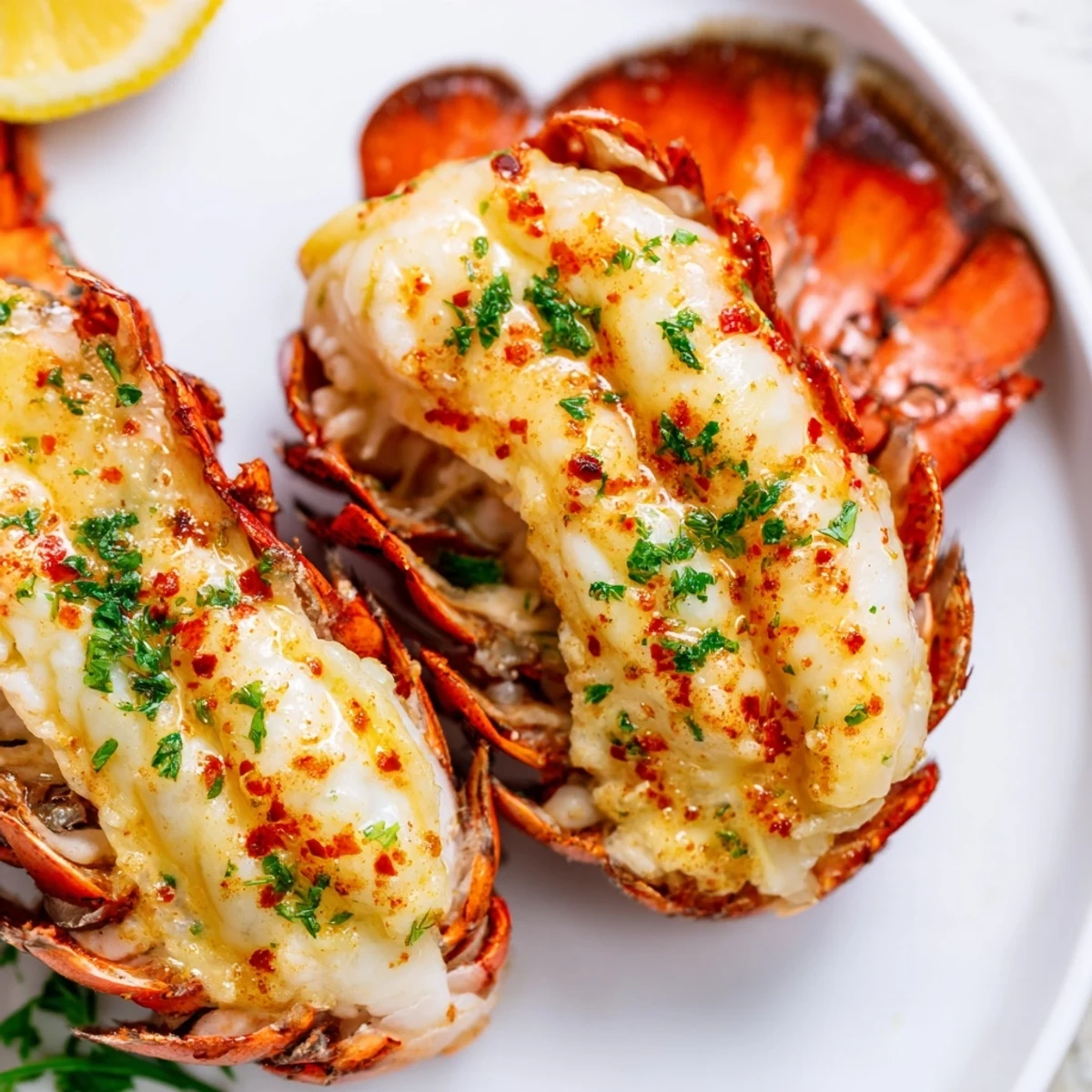 Tender baked lobster tails topped with rich garlic butter sauce and lemon wedges on plate