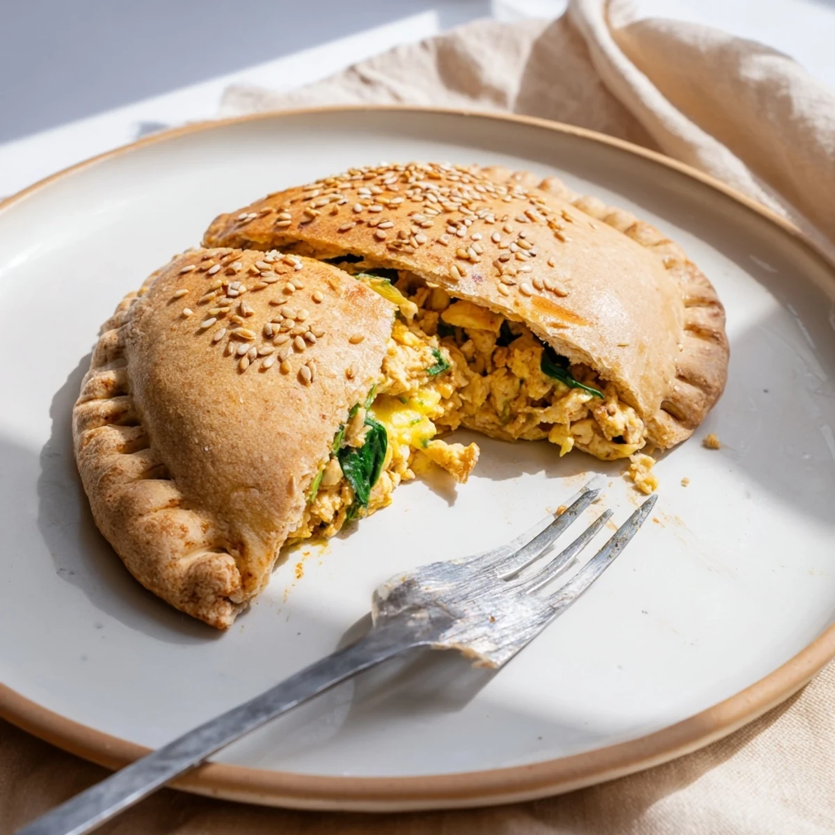 Handheld high protein breakfast hot pockets showing golden crust with egg wash and sesame topping