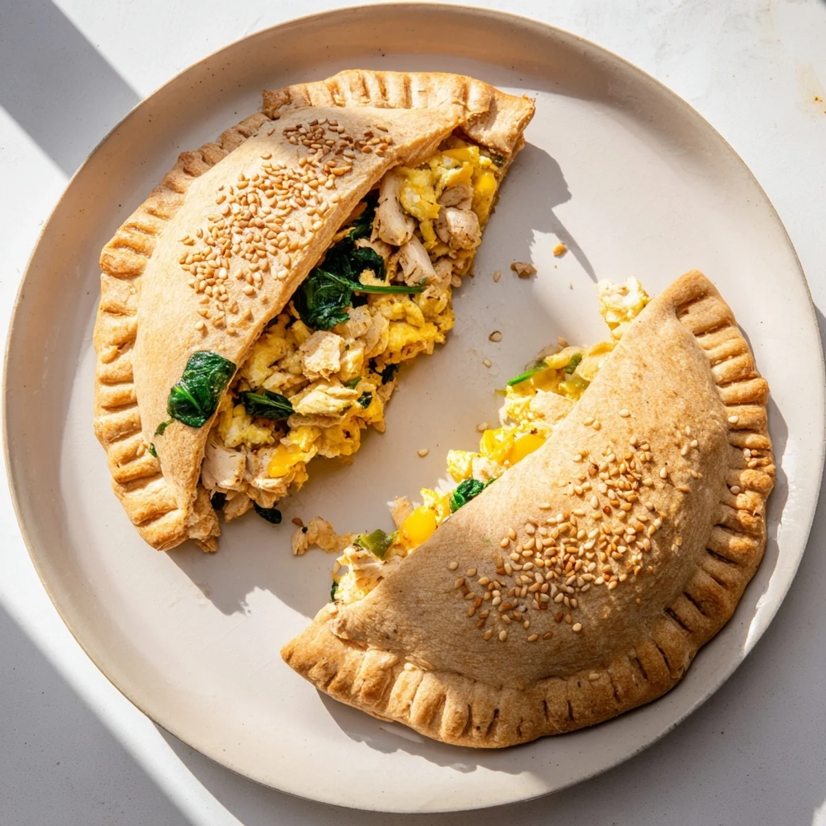Savory high protein breakfast hot pockets featuring whole wheat dough stuffed with turkey and spinach