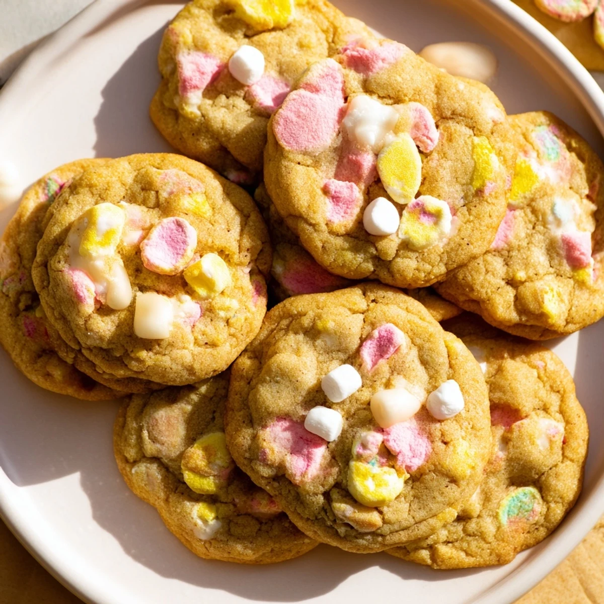Golden Lucky Charms cookies studded with colorful marshmallow shapes on a white plate