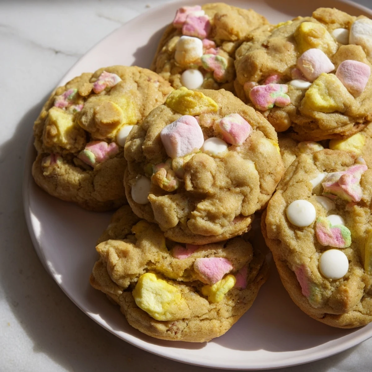 Soft baked Lucky Charms cookies featuring vibrant pink and green marshmallow bits