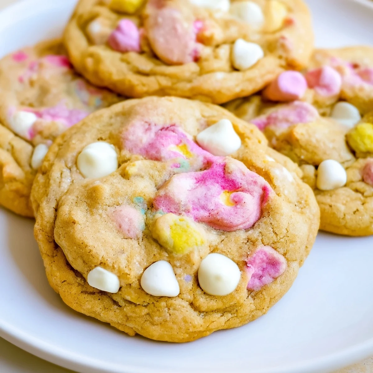 Stack of chewy Lucky Charms cookies topped with rainbow marshmallows on wire cooling rack