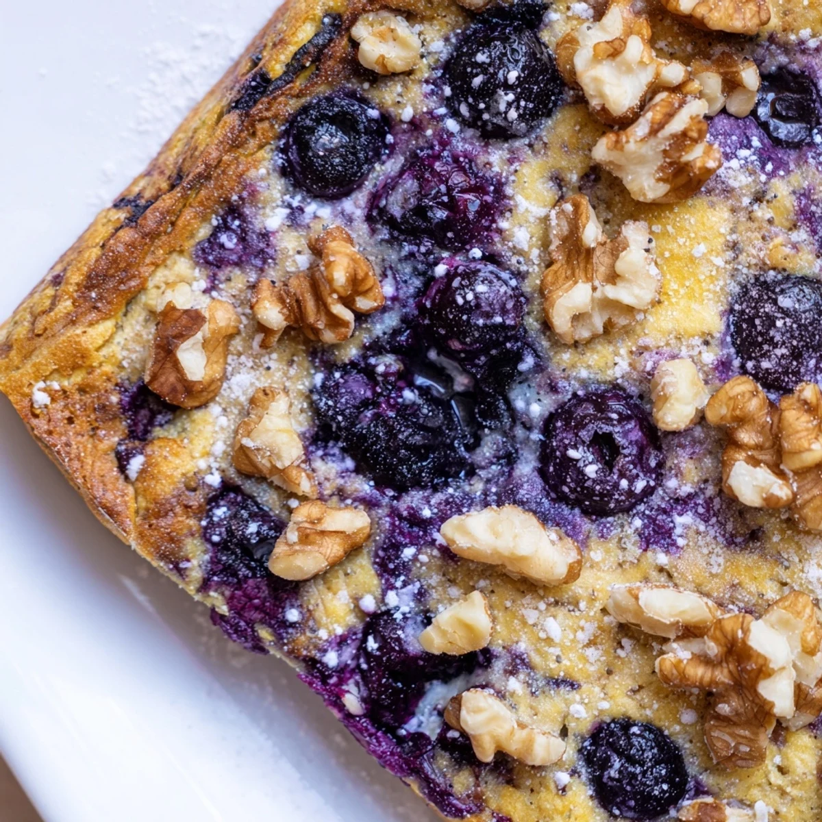 Golden blueberry cottage cheese breakfast bake fresh from the oven with juicy berries