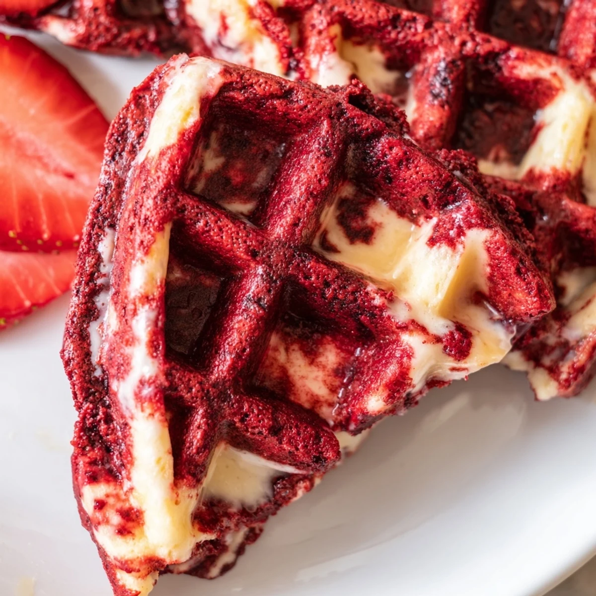 Golden red velvet marble waffle with swirls of vanilla and cocoa on a white plate