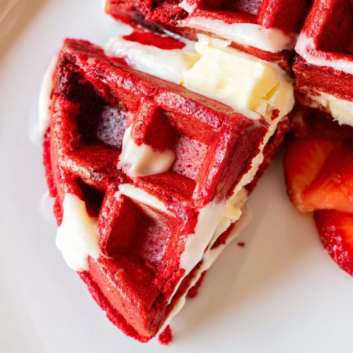 Crispy breakfast waffle featuring marbled red and vanilla batter topped with fresh strawberries