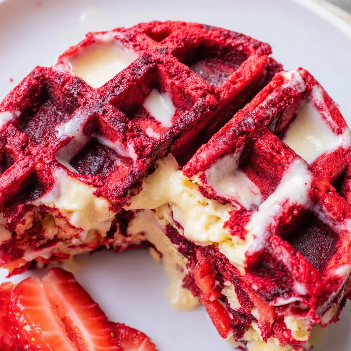 Stack of red velvet marble waffles drizzled with cream cheese glaze and powdered sugar