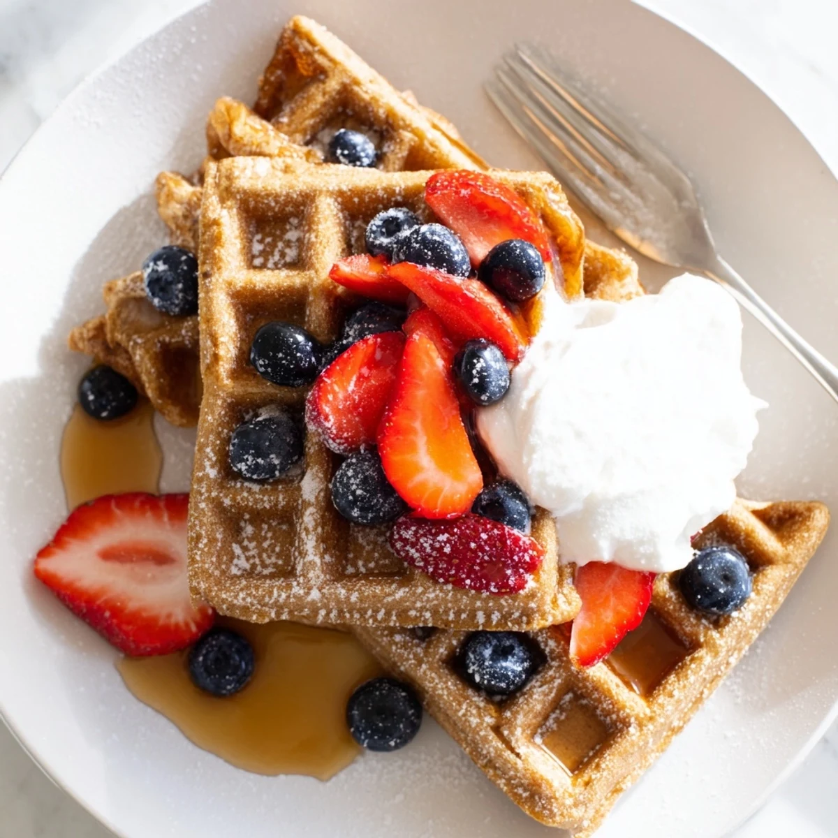 Golden brown Greek yogurt waffles stacked on a plate with fresh berries and maple syrup.